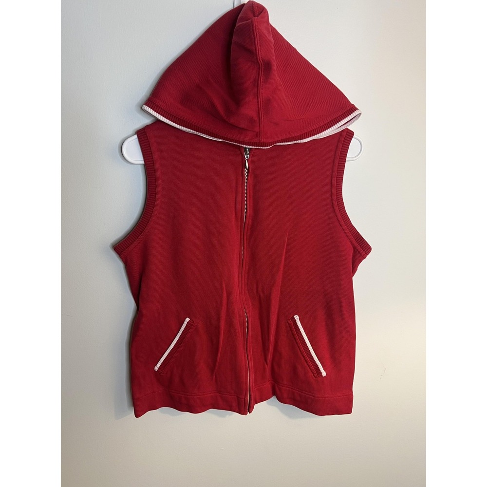 Talbots Sweater Vest Wm Med‎ Red Hooded Full Zip Pockets Knit Cotton Athleisure